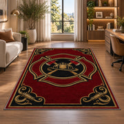 Vintage Firefighter Badge rug in a living room with a desk and large windows