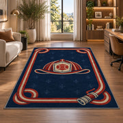 Fire Hose Frame Helmet rug in a living room with a desk and large windows