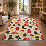 Firefighter Gear Pattern rug in a living room with a desk and large windows
