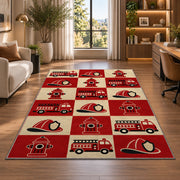 Retro Checkered Fire Truck rug in a living room with a desk and large windows