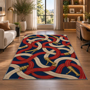 Fire Hose Pattern rug in a living room with a desk and large windows