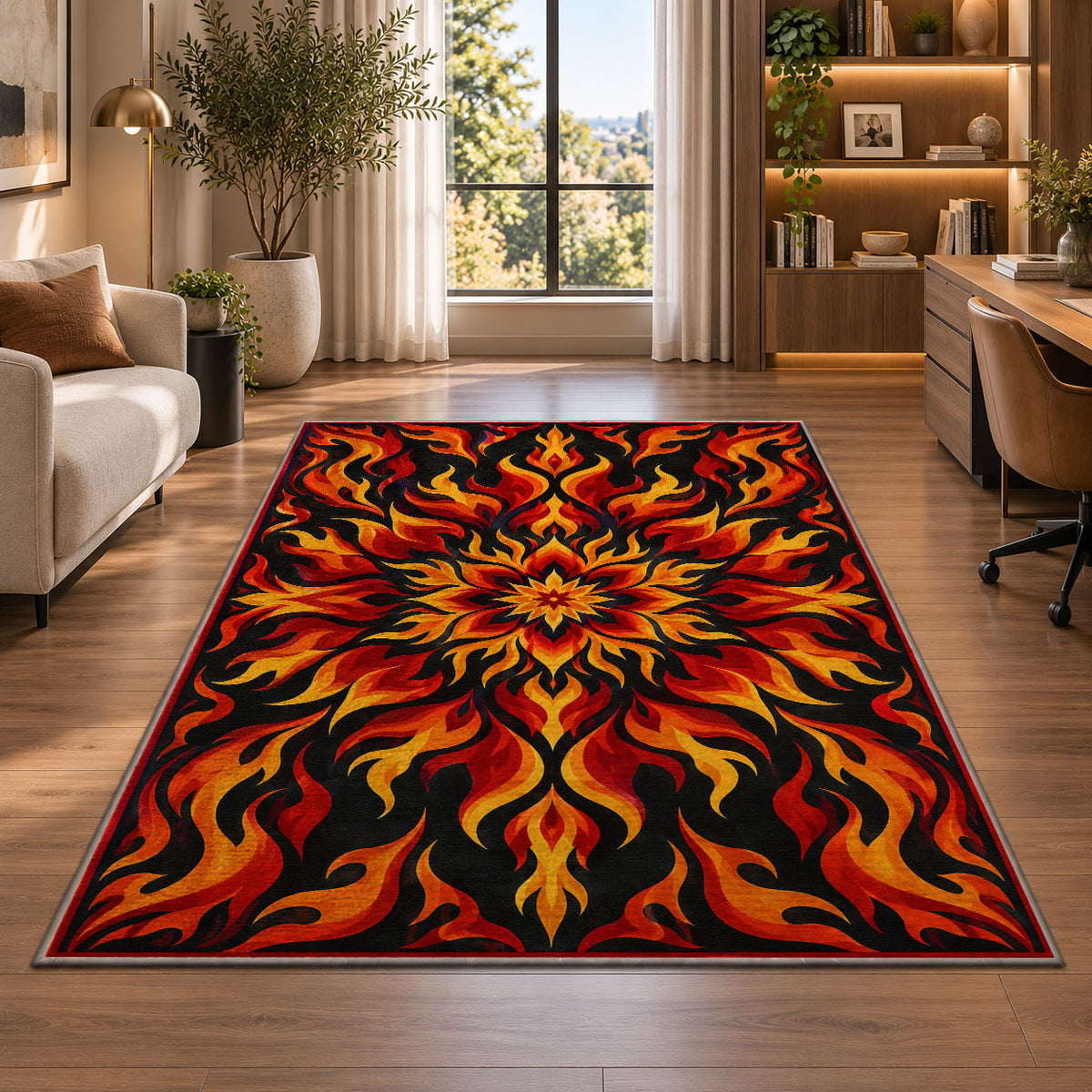 Flame Mandala rug in a living room with a desk and large windows