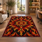 Flame Mandala rug in a living room with a desk and large windows