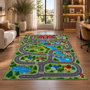 Fire Station Town Road rug in a living room with a desk and large windows