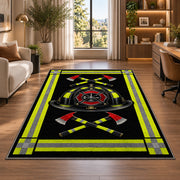 Reflective Stripe Fire Helmet rug in a living room with a desk and large windows