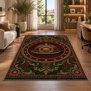 Vintage Fire Helmet Medallion rug in a living room with a desk and large windows