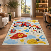 Cute Fire Truck and Dalmatian rug in a living room with a desk and large windows