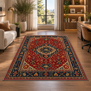 Persian Style Firefighter rug in a living room with a desk and large windows