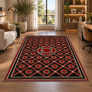 Maltese Cross Lattice rug in a living room with a desk and large windows