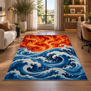 Fire and Water Waves rug in a living room with a desk and large windows