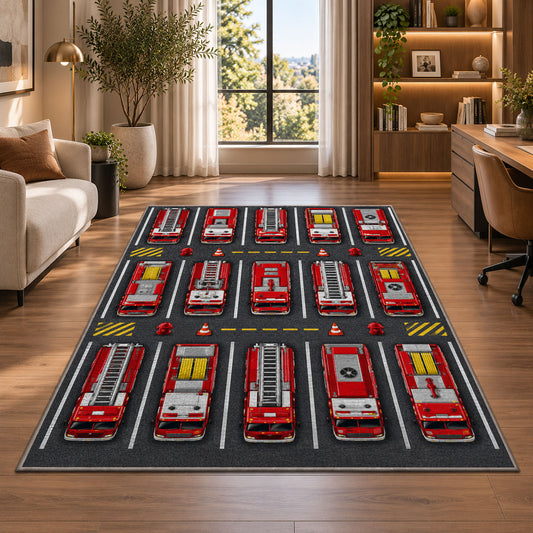 Fire Truck Parking Lot rug in a living room with a desk and large windows