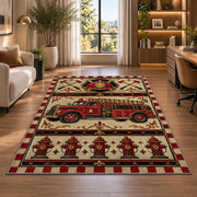Vintage Fire Truck rug in a living room with a desk and large windows
