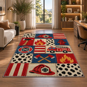 Firefighter Patchwork rug in a living room with a desk and large windows