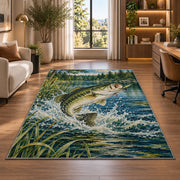 Leaping bass lake rug in a living room with a desk and large windows