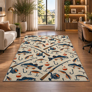 Fishing gear pattern rug in a living room with a desk and large windows