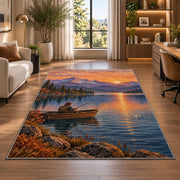 Sunrise fishing boat rug in a living room with a desk and large windows
