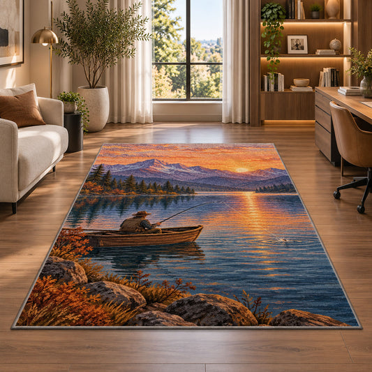 Sunrise fishing boat rug in a living room with a desk and large windows