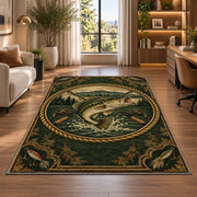 Vintage bass badge rug in a living room with a desk and large windows