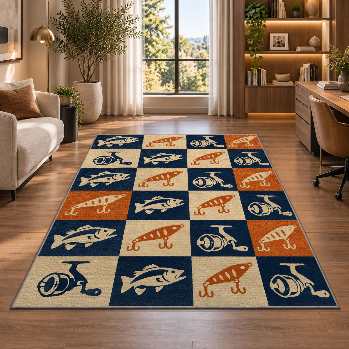 Retro fishing checkered rug in a living room with a desk and large windows