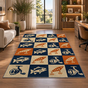 Retro fishing checkered rug in a living room with a desk and large windows