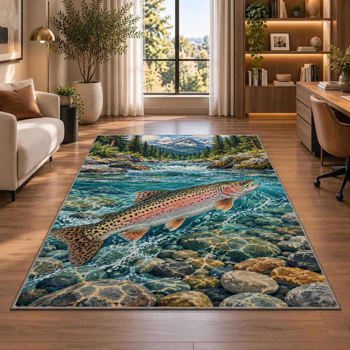 Rainbow trout stream rug in a living room with a desk and large windows