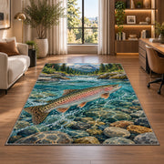 Rainbow trout stream rug in a living room with a desk and large windows