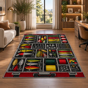 Tackle box rug in a living room with a desk and large windows