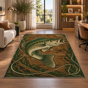 Woodcut bass rug in a living room with a desk and large windows