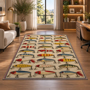 Vintage lure collection rug in a living room with a desk and large windows