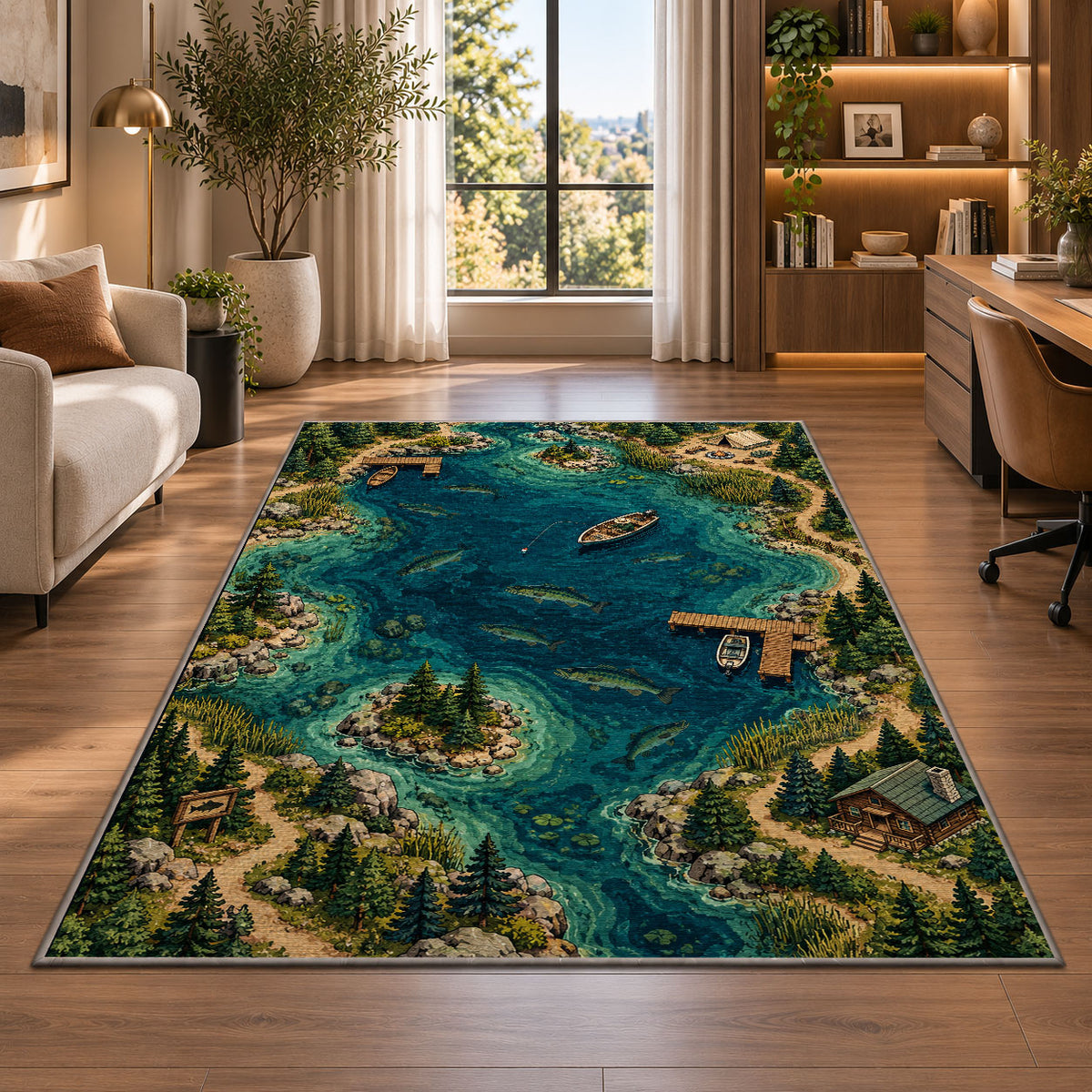 Fishing lake map rug in a living room with a desk and large windows