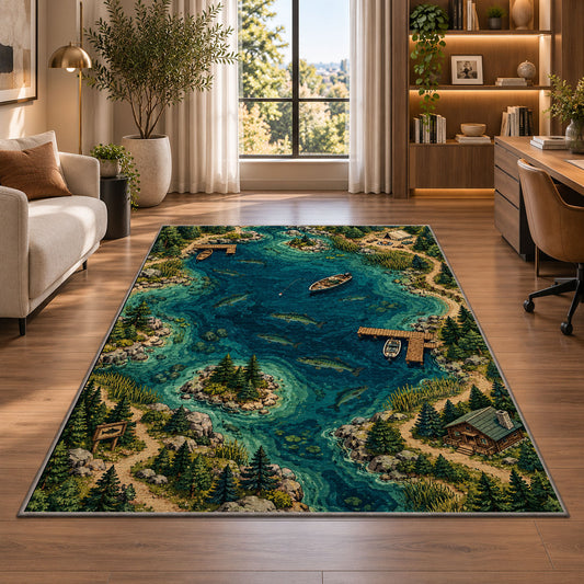 Fishing lake map rug in a living room with a desk and large windows