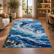 Deep sea marlin rug in a living room with a desk and large windows