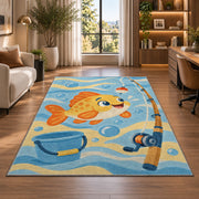 Cartoon fish kids rug in a living room with a desk and large windows