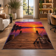 Dock sunset fishing rug in a living room with a desk and large windows