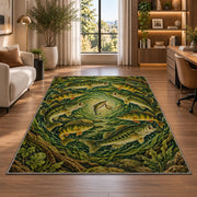 Circle of fish rug in a living room with a desk and large windows