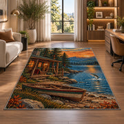 Lakeside fishing cabin rug in a living room with a desk and large windows