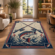 Crossed rods fish emblem rug in a living room with a desk and large windows