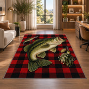 Buffalo plaid bass rug in a living room with a desk and large windows