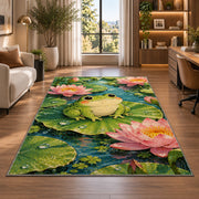 frog on a lily pad rug in a living room with a desk and large windows