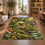 frog reading a book rug in a living room with a desk and large windows