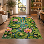 lily pond top view with frogs rug in a living room with a desk and large windows