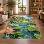 frog leaping between lily pads rug in a living room with a desk and large windows