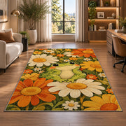 retro frog with daisies rug in a living room with a desk and large windows
