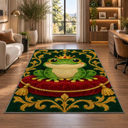 frog prince wearing a crown rug in a living room with a desk and large windows