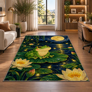 frog under the full moon rug in a living room with a desk and large windows