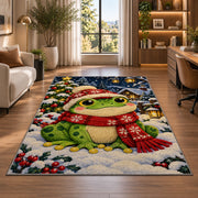 frog in a winter scarf and hat rug in a living room with a desk and large windows