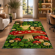 frog and snail on a mushroom rug in a living room with a desk and large windows