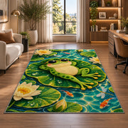 frog in sunglasses on a lily pad rug in a living room with a desk and large windows