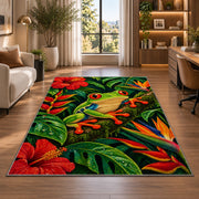 red-eyed tree frog in the rainforest rug in a living room with a desk and large windows