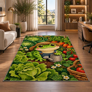 frog in a vegetable garden rug in a living room with a desk and large windows